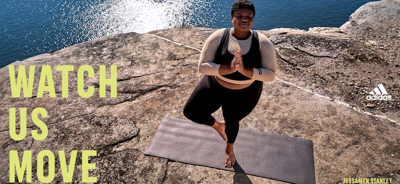 Bild Digitales Storytelling von adidas von übergewichtiger Frau beim Yoga #bodypositivity