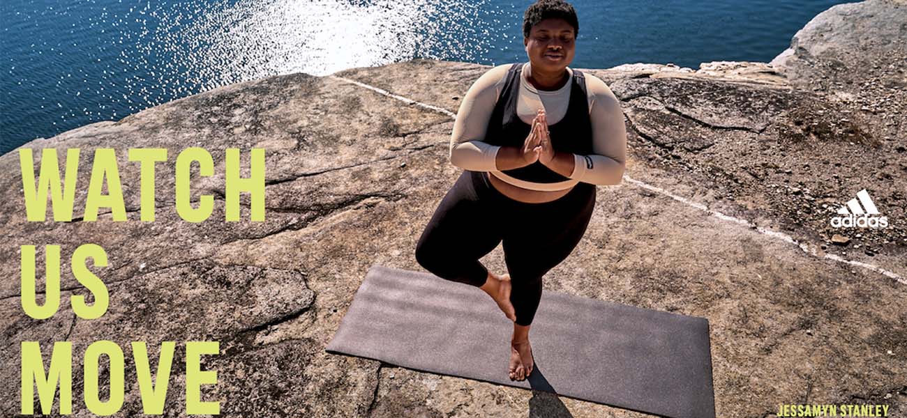 Bild Digitales Storytelling von adidas von übergewichtiger Frau beim Yoga #bodypositivity